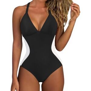 BMJL Womens Colorblock One Piece Swimsuit Black White Lace Up Back V-Neck New